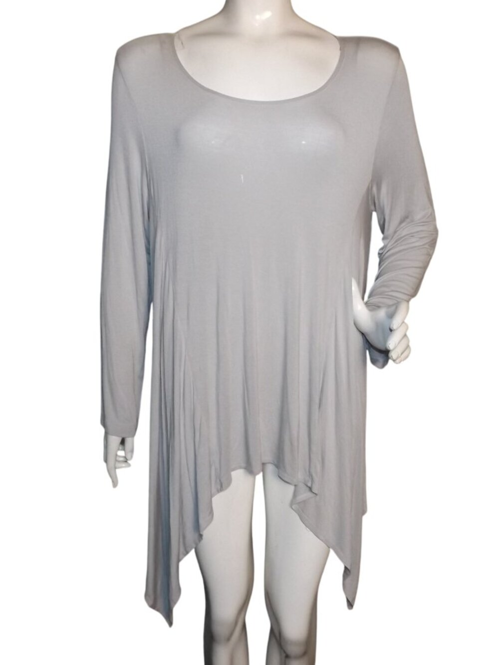 BRYN WALKER Tunic, XL, Light Gray Jersey, Asymmetrical/Sharkbite, Long sleeves